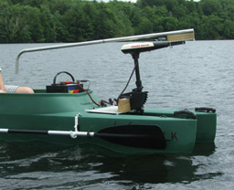 Close up of front-mounted electric trolling motor on fishing kayak