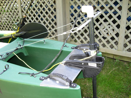 electric motorized fishing kayak, stern view