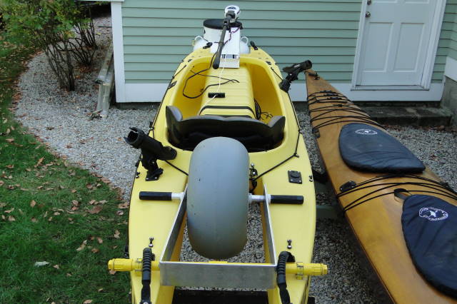 kayak for ocean fishing rigged with carry wheel