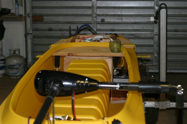 Cockpit of fishing kayak rigged for photography
